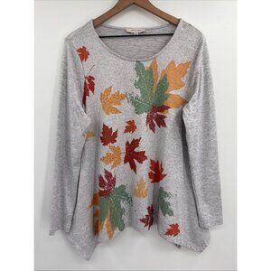 Astrologie Tunic Top Women Medium Gray Autumn Leaves Asymmetric Hem Rhinestones